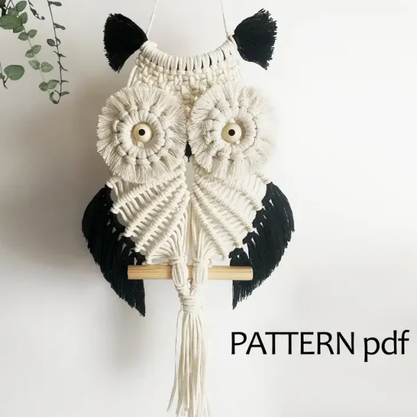 black and white finished macrame owl